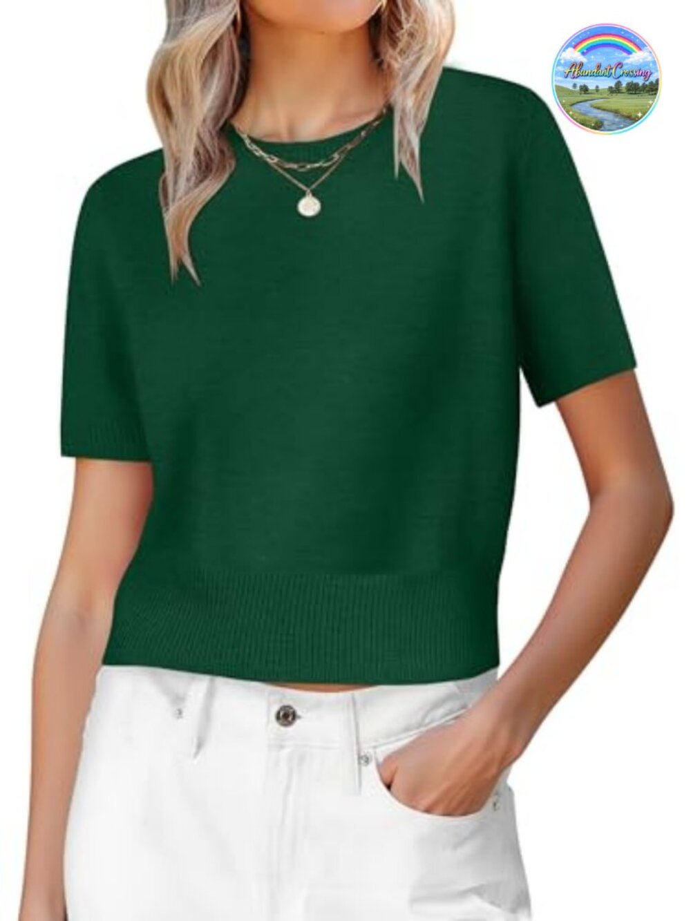 Women's Cropped Crew Neck Sweater Short Sleeve Ribbed Knit Pullover